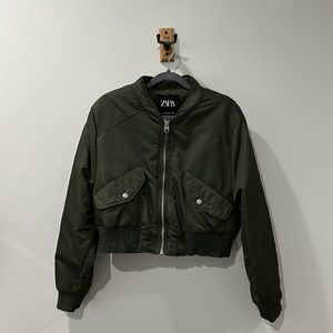 Zara Cropped Bomber Jacket - olive green - size Large
